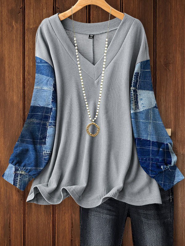 Casual Denim Patchwork Printed Top