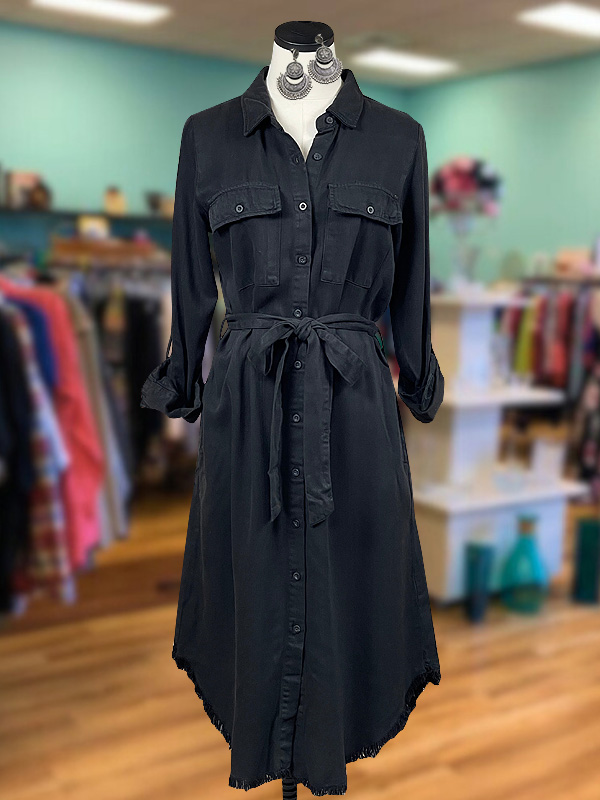 Casual Raw Edge Double Pocket Shirt Dress
