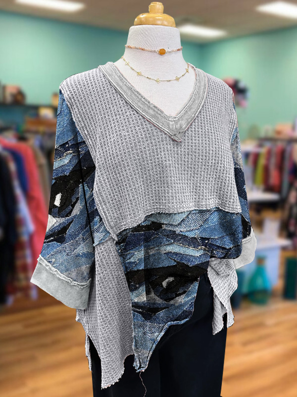 Vintage Faux Denim Printed Waffle Top
