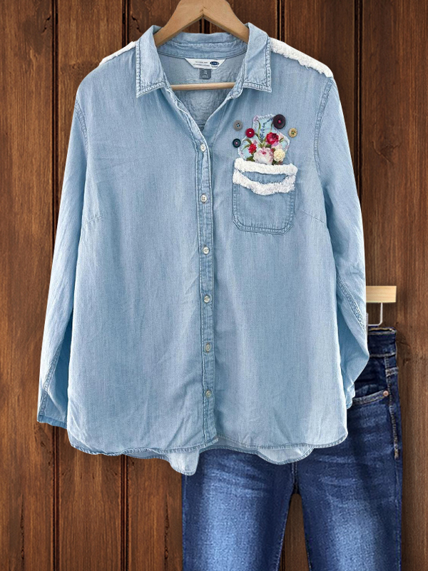 Casual Floral Lace Applique Shirt