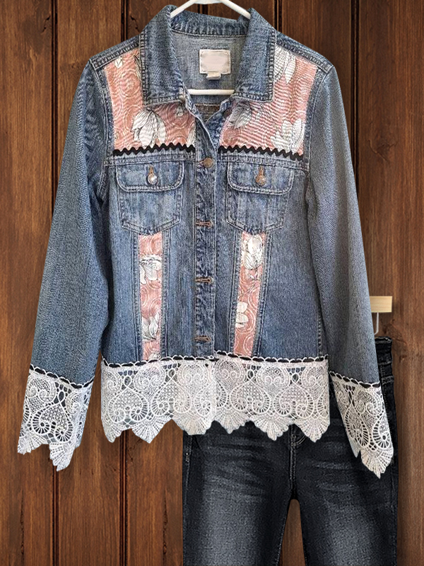 Vintage Lace Floral Print Denim Jacket
