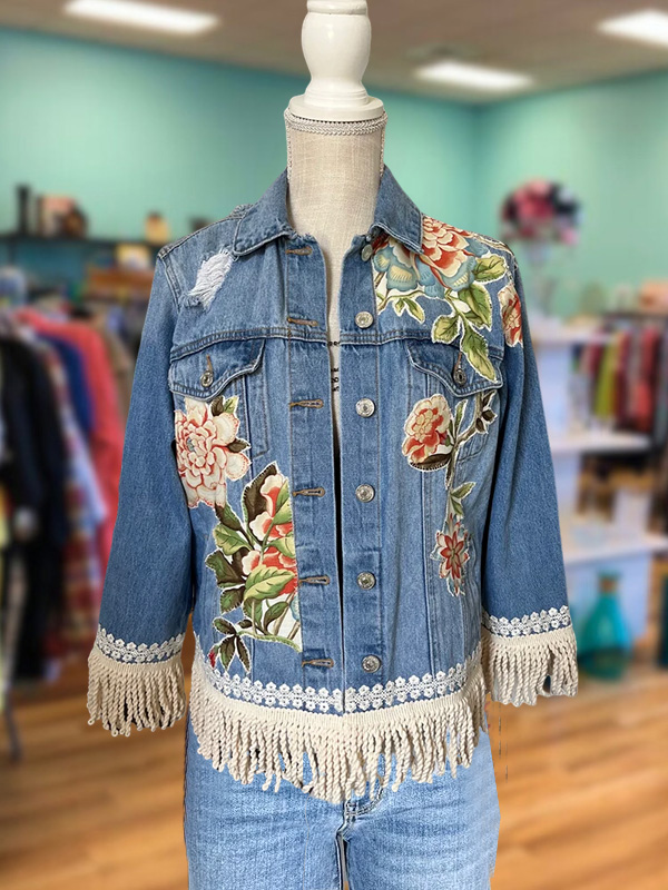 Vintage Floral Print Fringe Trim Denim Jacket