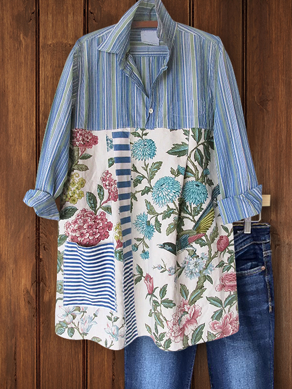 Casual Retro Striped Floral Shirt