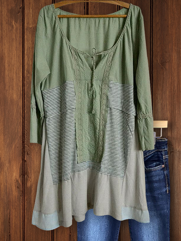 Striped Lace Panel Drawstring Top