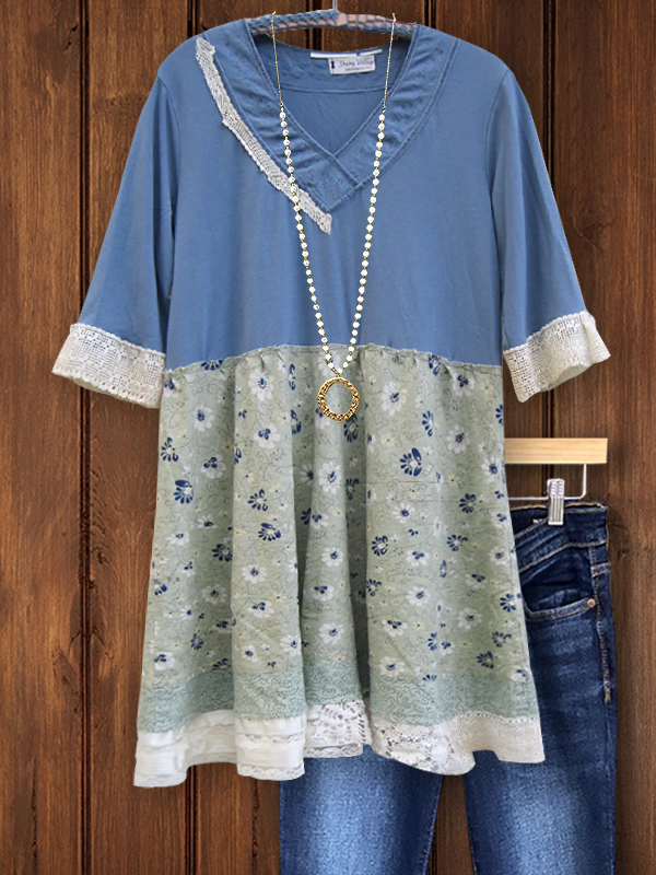 Casual Floral Patchwork Lace Trim Top