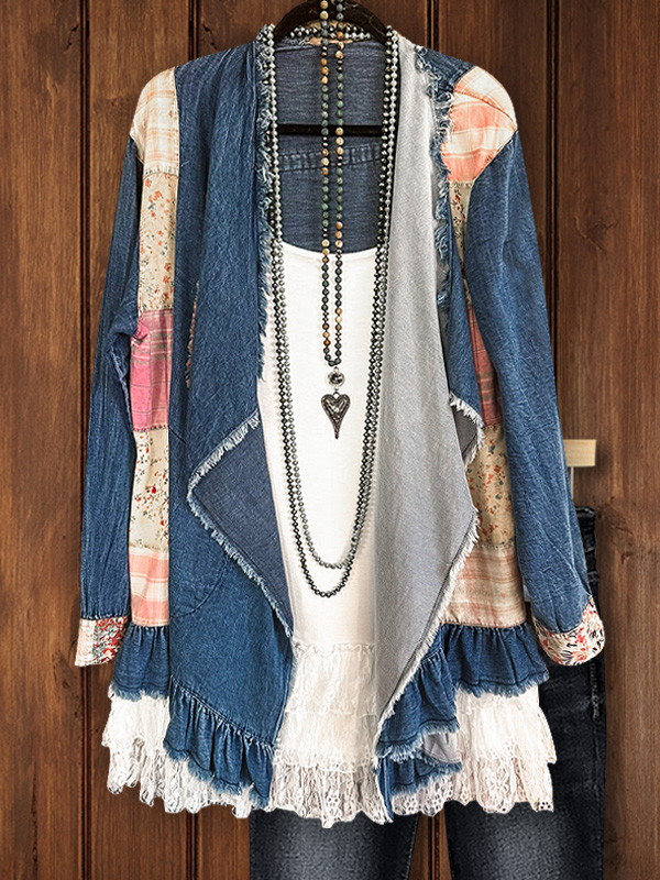 Vintage Faux Denim Patchwork Lace Top