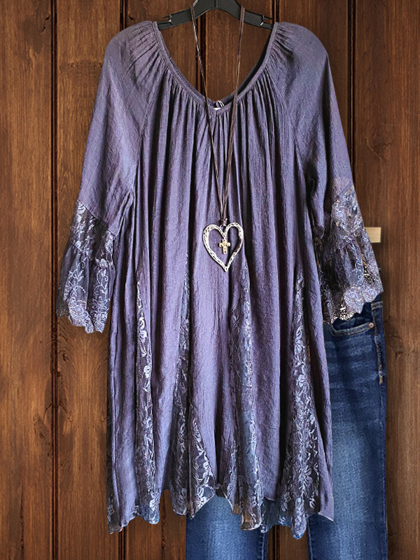 Casual Vintage Lace Patchwork Top