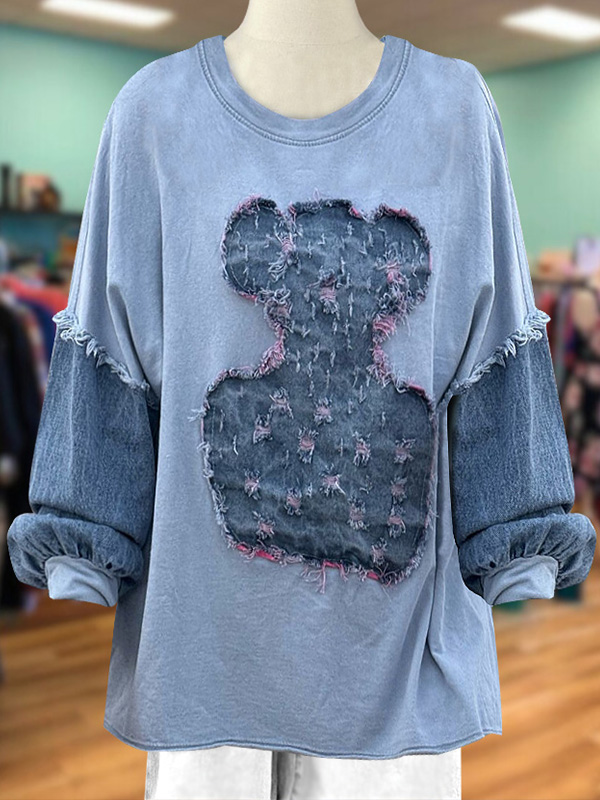 Casual Vintage Denim Applique Top
