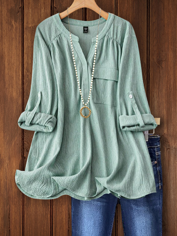 Casual Pocket Fabric V-Neck Top