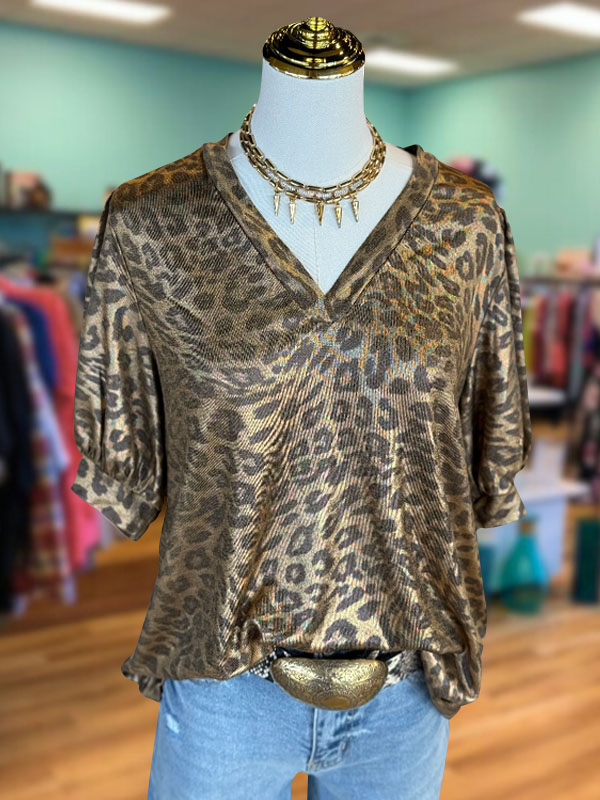 Vintage Leopard Print V-Neck Short-Sleeved Top