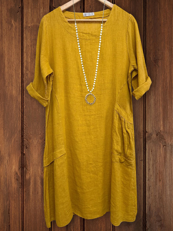 Casual Cotton And Linen Pocket Cloth Short-Sleeved Dress