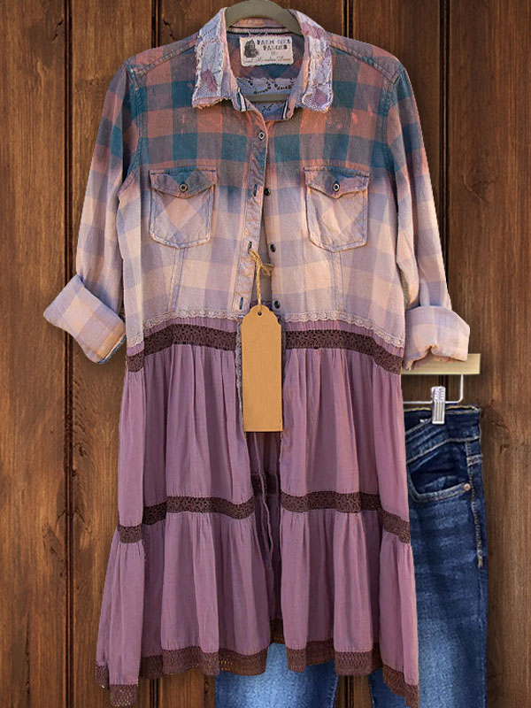 Vintage Plaid Patchwork Lace Shirt