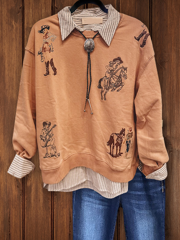 Vintage Denim Embroidered Fake Two-Piece Top