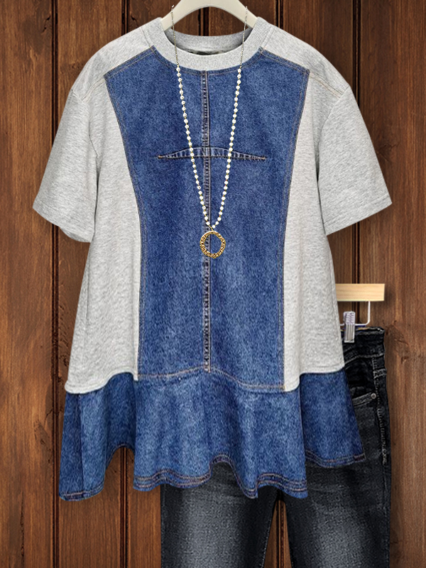 Vintage Denim Ruffled Short-Sleeved Top