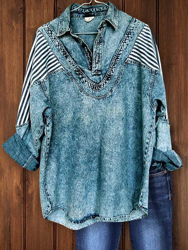 Vintage Denim Patchwork Striped Top