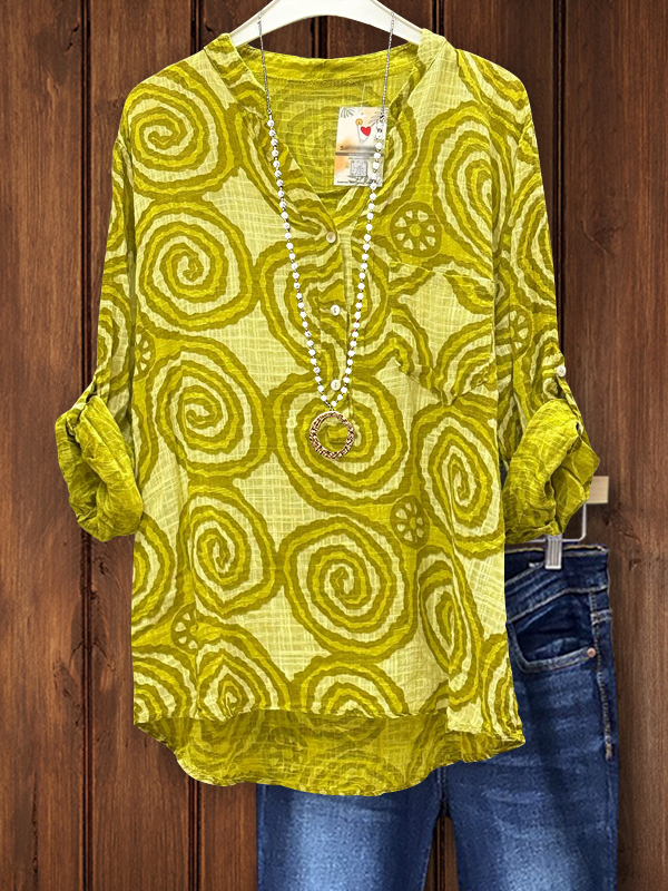 Casual Abstract Print Cotton And Linen V-Neck Top