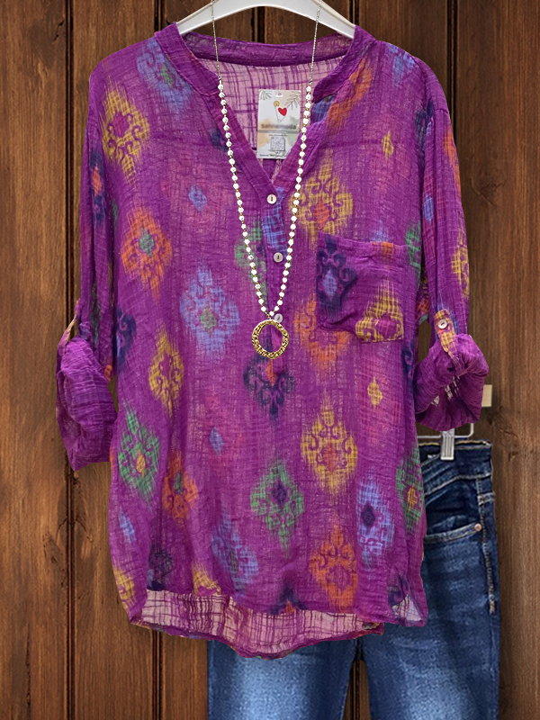 Retro Ethnic Print Cotton And Linen Top
