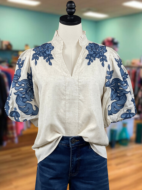 Casual Ruffle Neck Floral Print Short Sleeve Top