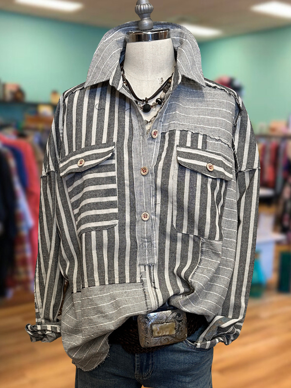 Vintage Casual Striped Double Pocket Shirt