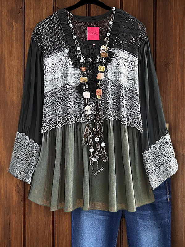 Casual Lace Stitching Cotton And Linen V-Neck Top