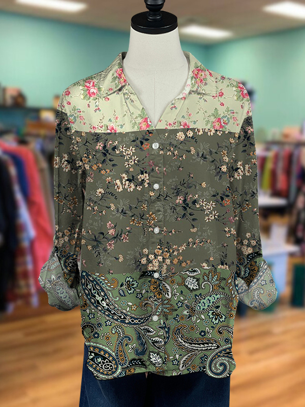 Casual Retro Tricolor Floral Shirt