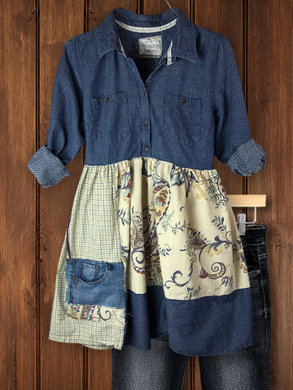 Vintage Denim Patchwork Floral Print Top