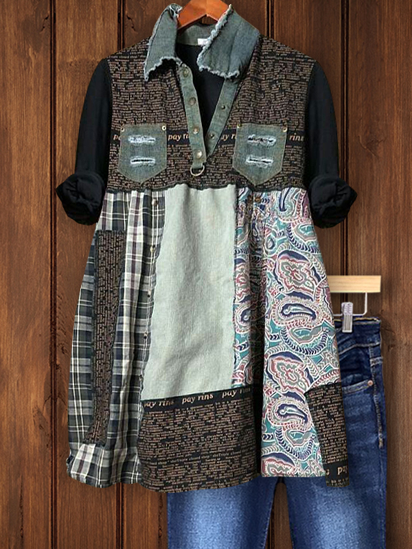 Vintage Denim Patchwork Floral Check Top