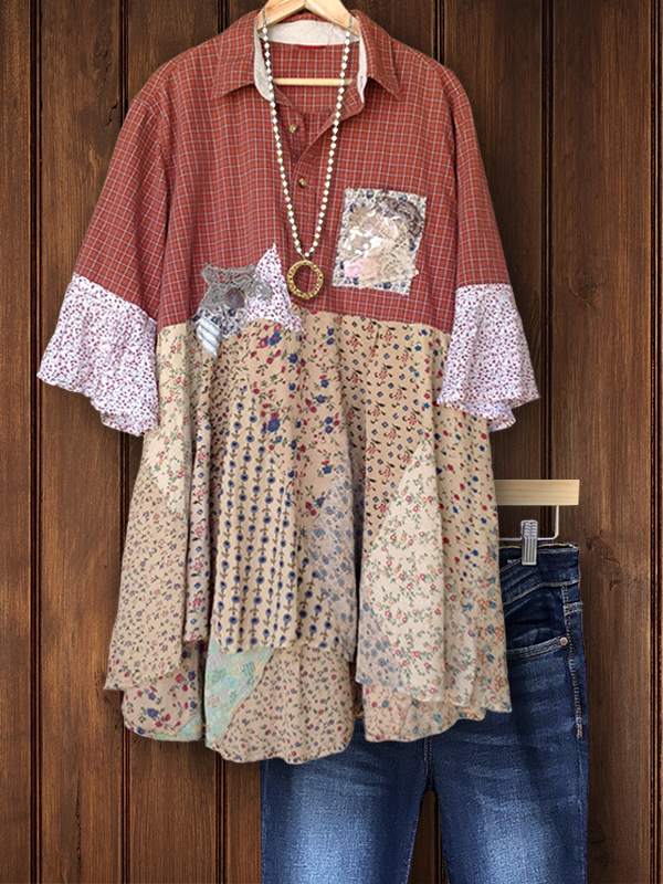 Retro Floral Patchwork Lace Sleeve Top