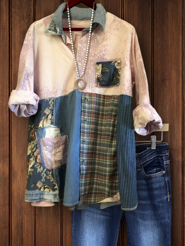 Vintage Denim Patchwork Floral Check Top