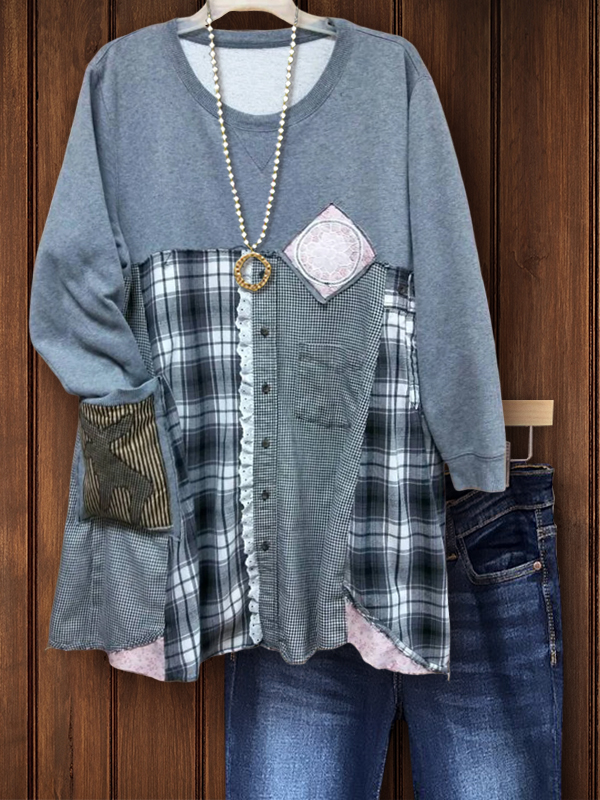 Vintage Plaid Lace Trim Top
