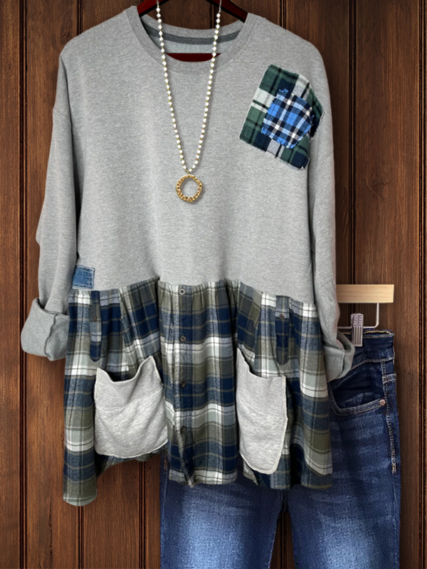 Casual Retro Plaid Double Pocket Paneled Top
