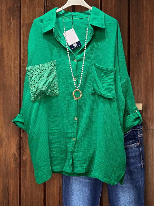 Casual Cotton And Linen Hollow Pocket Cloth Shirt