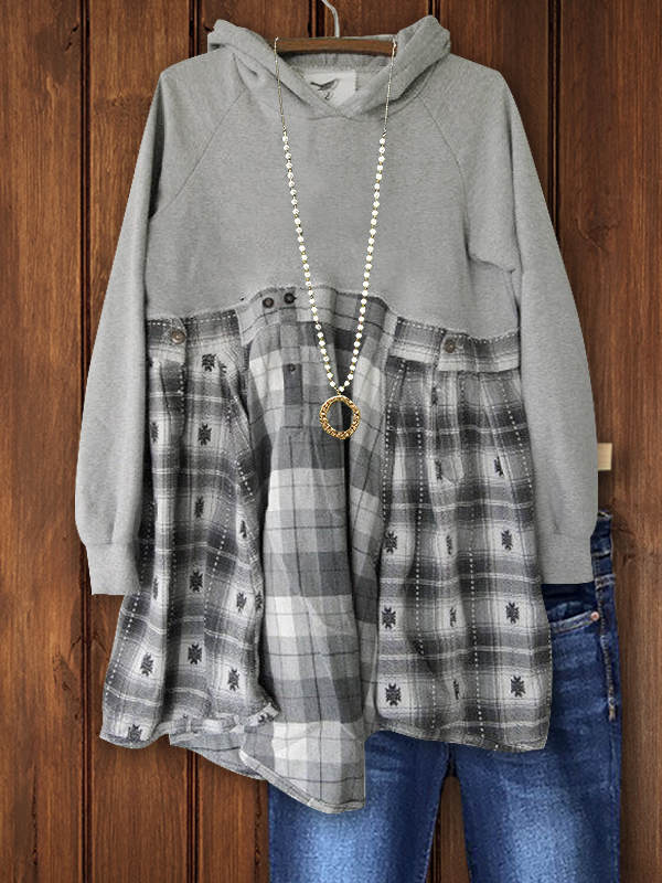 Casual Retro Plaid Drawstring Hoodie
