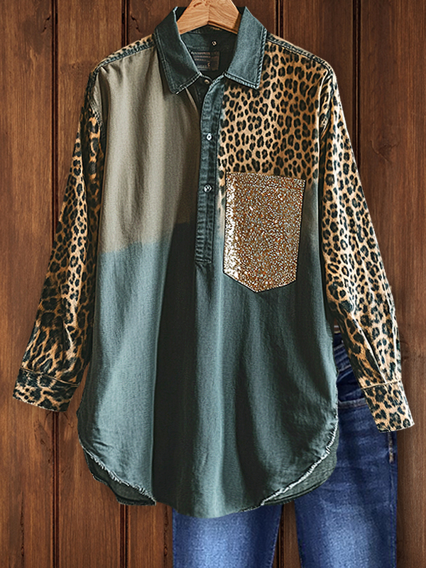 Vintage Denim Sequined Leopard Print Shirt