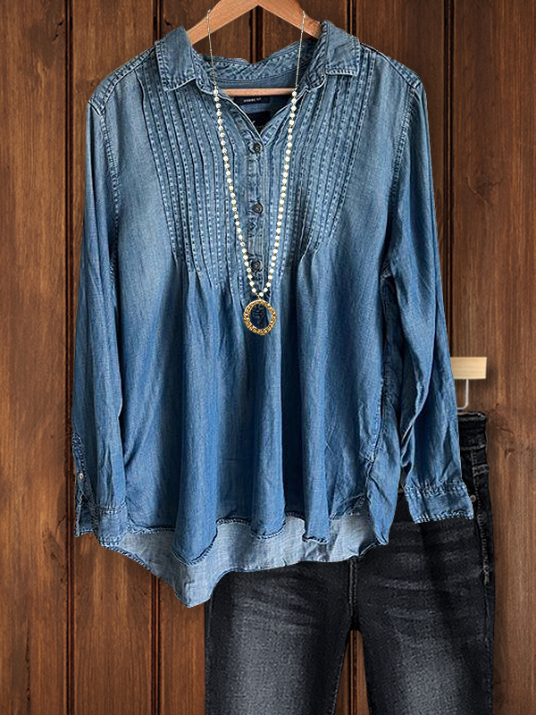Vintage Double Pleated Denim Lapel Shirt