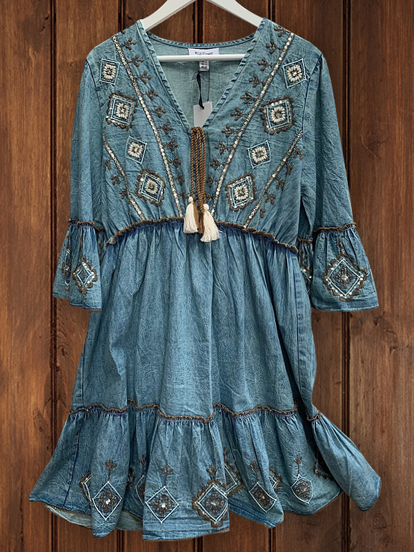 Retro Ethnic Style Embroidered Faux Denim Waist Dress