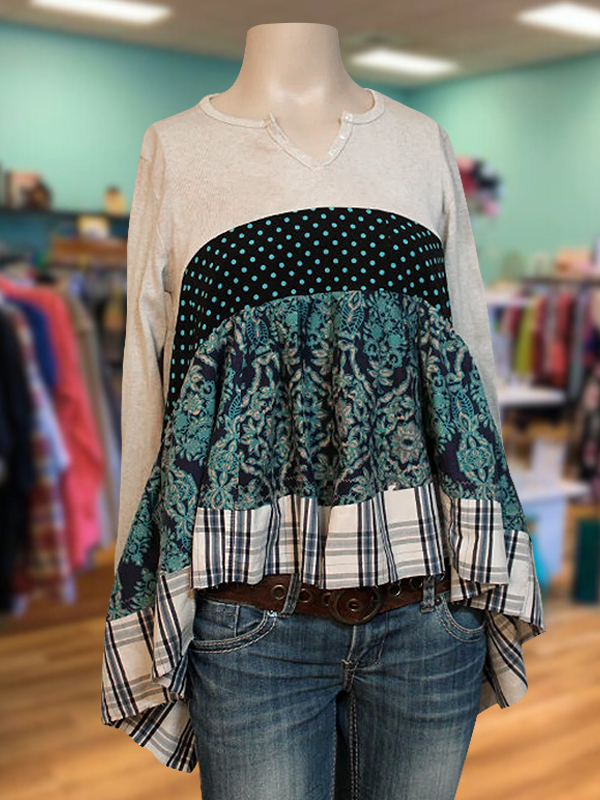 Casual Polka Dot Check Floral Patchwork Top
