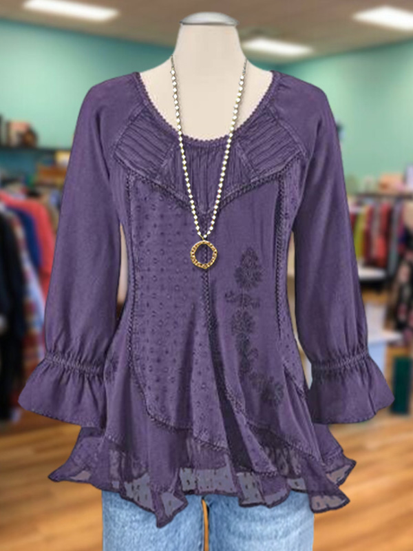 Vintage Dark Purple Textured Fabric And Lace Top