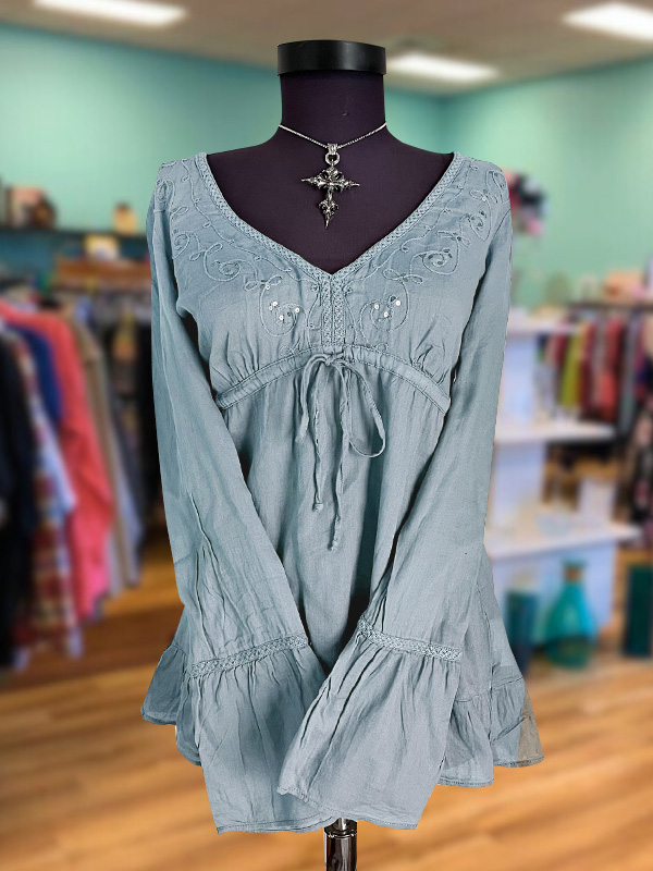 Vintage Sequin Embroidery Drawstring Waist Top