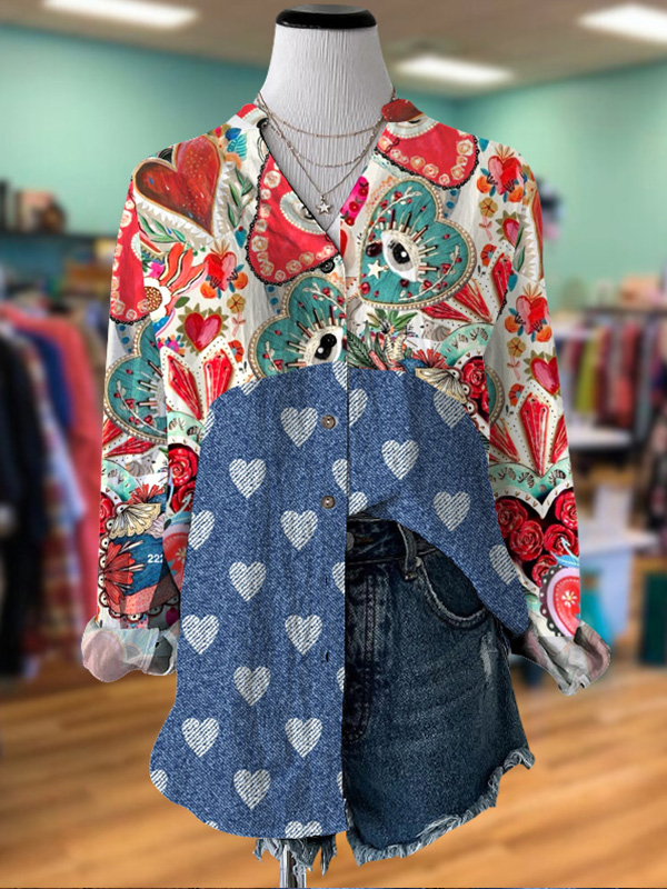 Romantic Abstract Heart Print Patchwork Denim Shirt