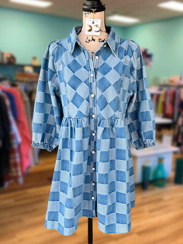 Vintage Plaid Denim Mid-Sleeve Dress