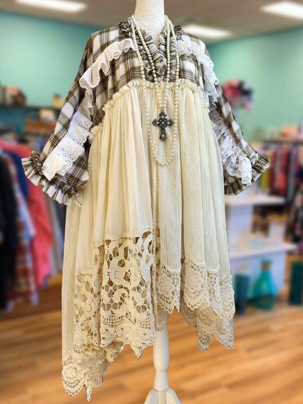 Retro Lace Waist Stitching Plaid Lace Dress