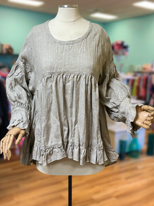 Casual Cotton And Linen Ruffled Round Neck Top