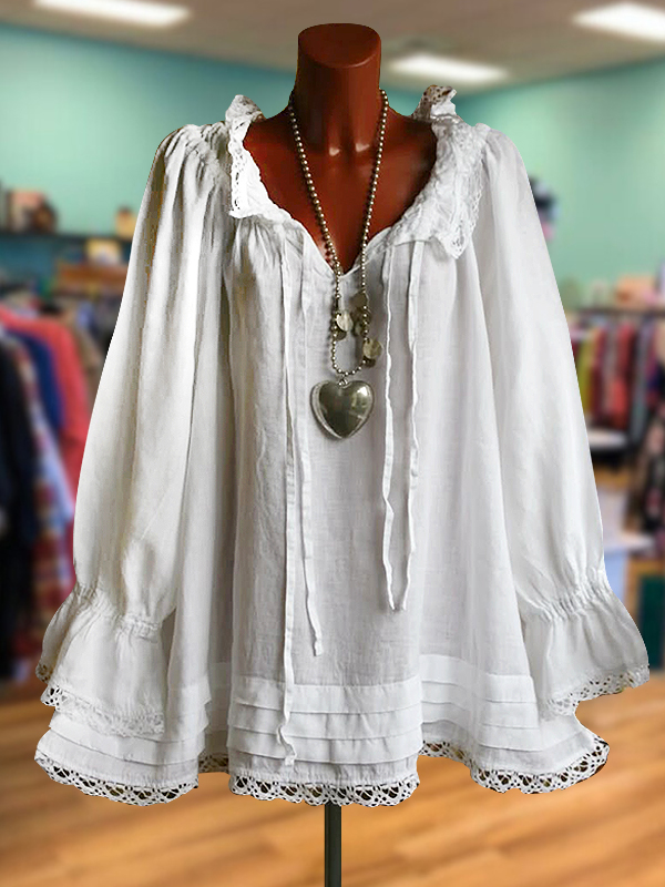 Casual Ruffle Lace Drawstring Top