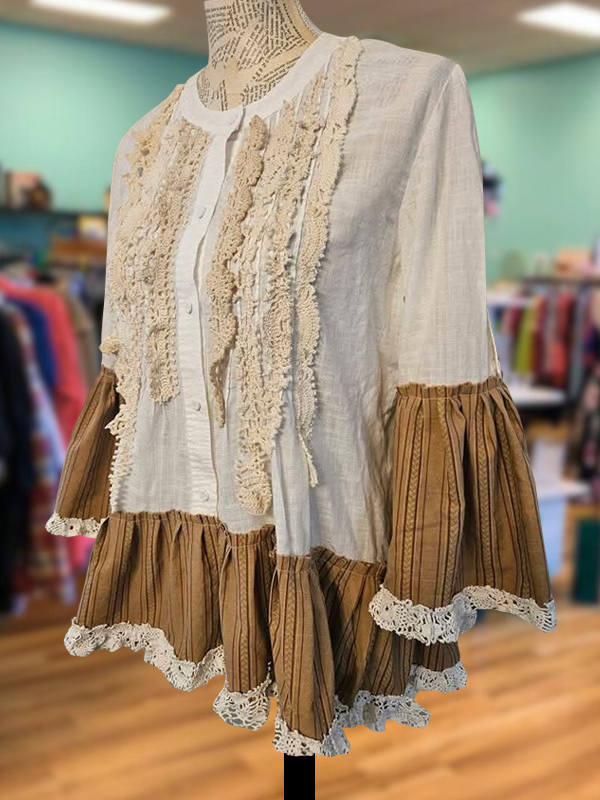 Retro Casual Cotton And Linen Lace Splicing Top