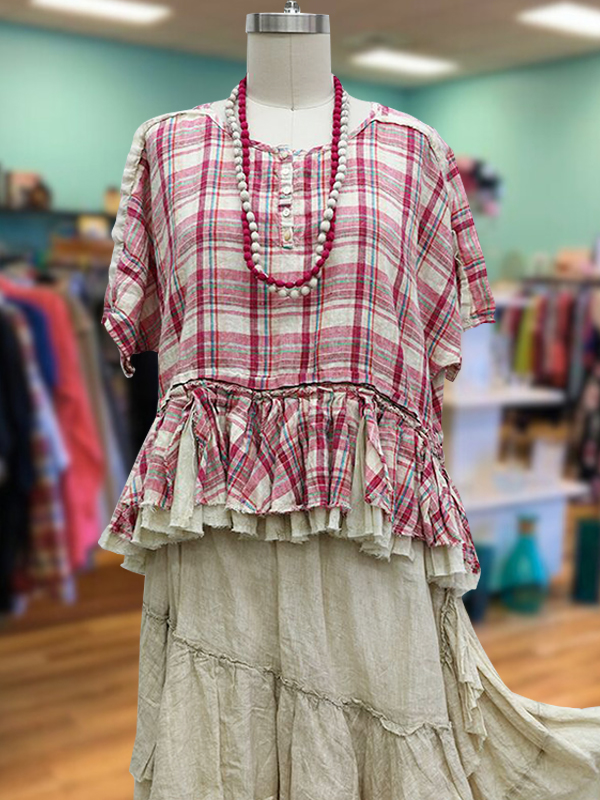 Casual Retro Plaid Cotton And Linen Ruffle Top