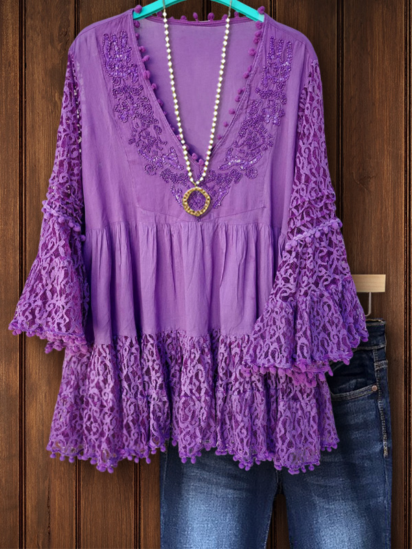 Vintage Lace Ruffle Patchwork V-Neck Top