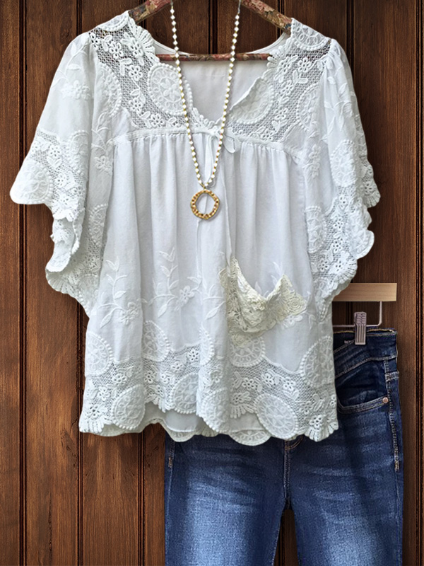 Casual Lace Split Pocket Cloth Short Sleeve Top