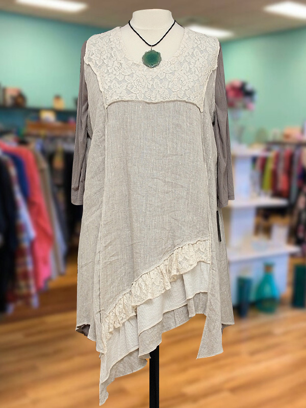 Casual Lace Panel Cotton And Linen Round Neck Top