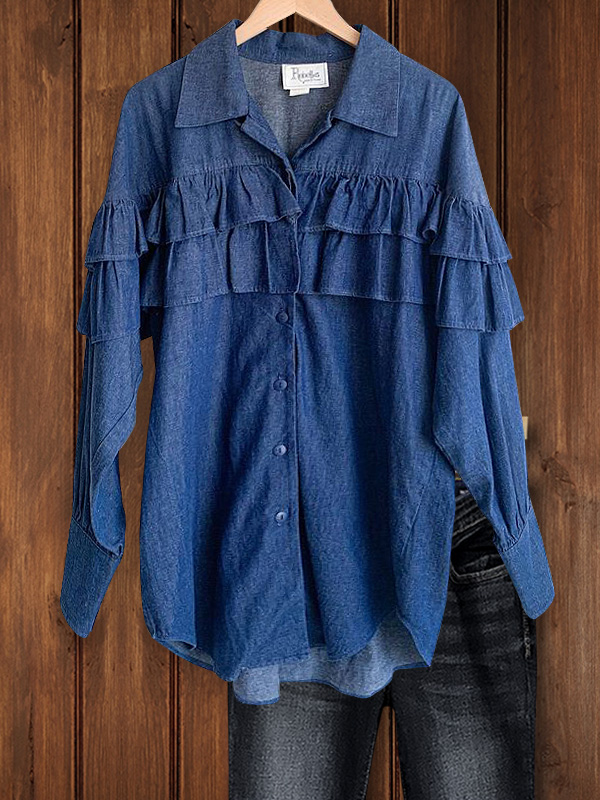 Vintage Double Ruffle Denim Shirt